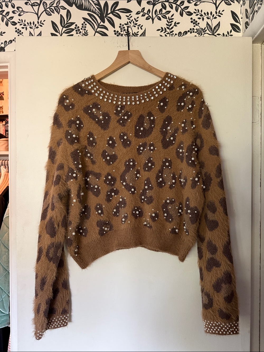 Fuzzy Leopard Print Sweater with Pearl Embellishment - Camel/Brown